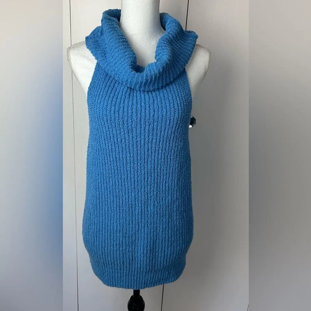 Free People Beach FP Blue Ribbed Chunky Knit Sleeveless Cowl Neck Sweater Sz M